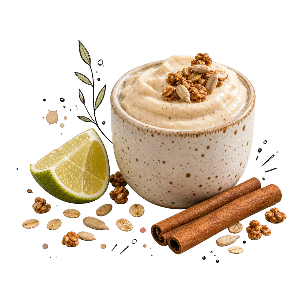 Kleine Komposition aus Zimtcreme, Hafer-Crunch, Limette und Zimtstangen