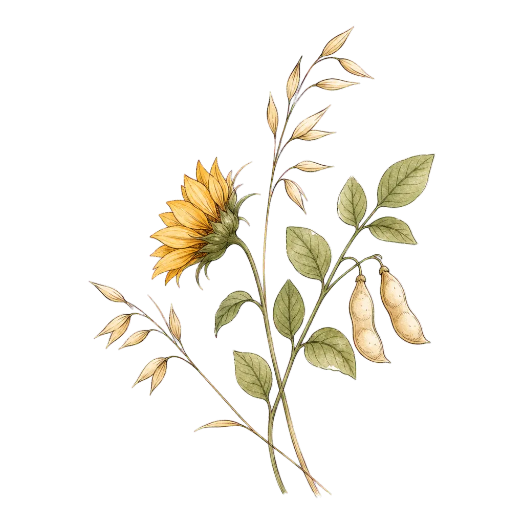 Botanische Illustration aus Sonnenblume, Bohnenpflanze und Haferhalmen