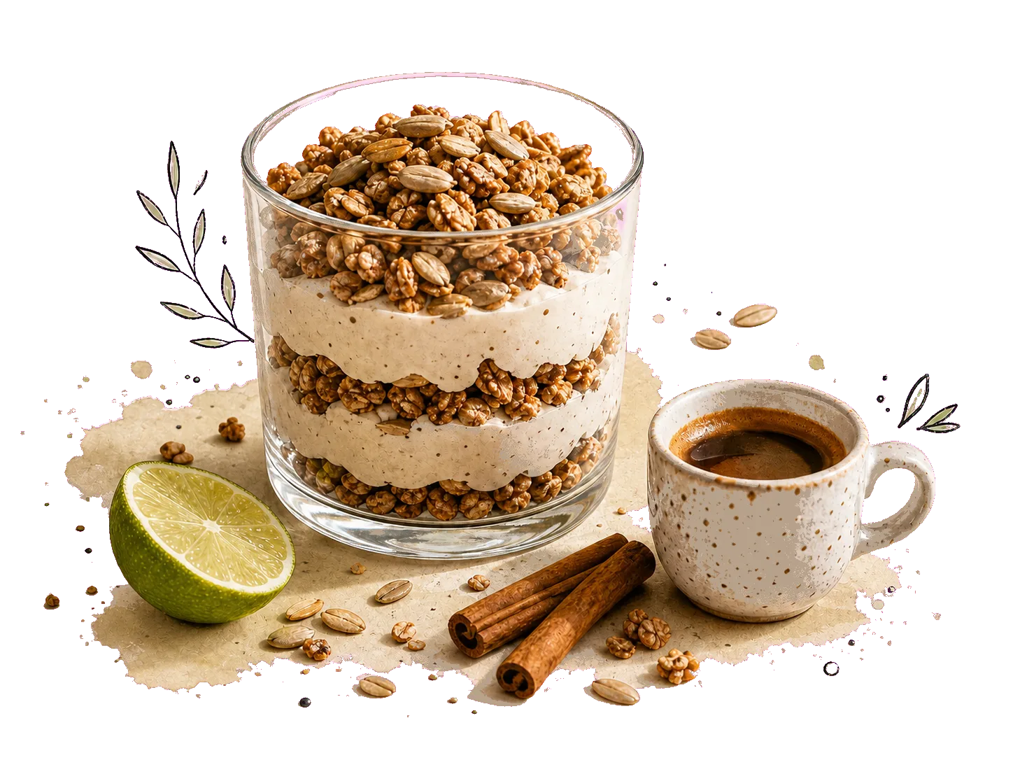 Geschichtetes Dessert aus heller Bohnen-Zimt-Creme und Hafer-Crunch neben einer kleinen Tasse Espresso