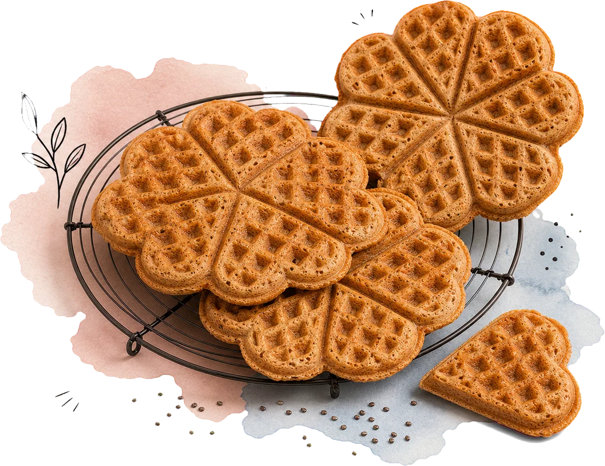 Mehrere dünne runde Buchweizenwaffeln aus jeweils fünf Herzsegmenten auf einem Kuchengitter, daneben ein einzelnes abgetrenntes Waffelherz