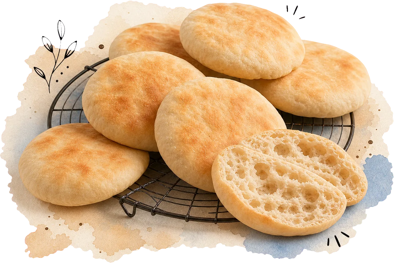 Mehrere flache, leicht goldbraune Fladenbrötchen auf einem Kuchengitter und ein geöffnetes Brötchen mit weicher luftiger Krume