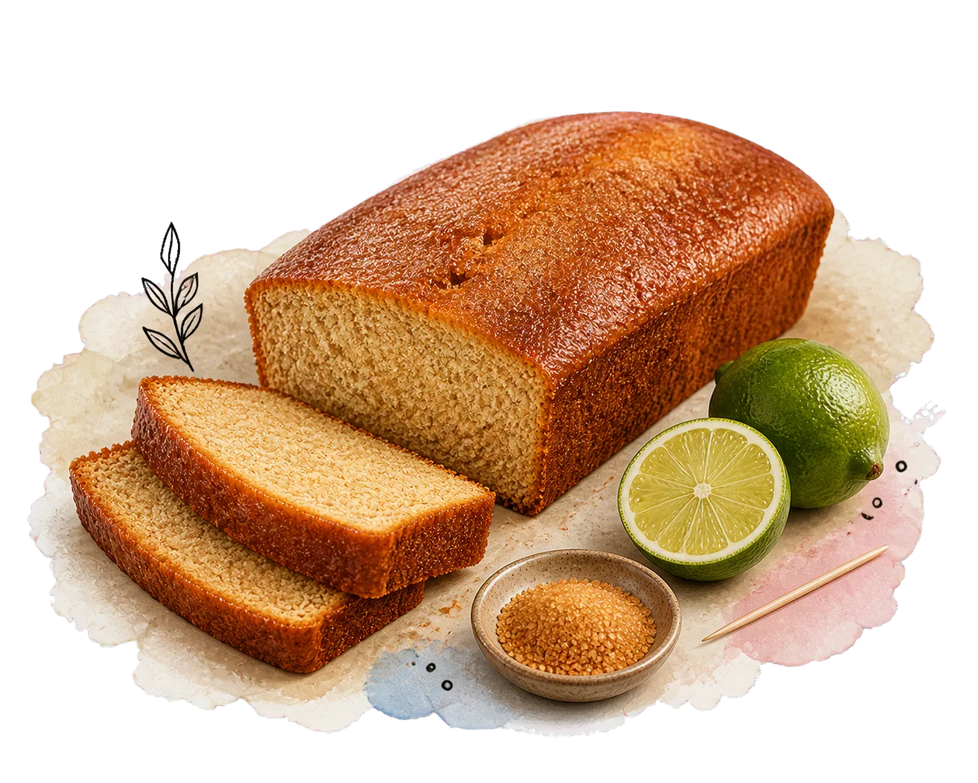 Ein saftiger Limetten-Hafer-Kastenkuchen mit dünner karamelliger Oberfläche und zwei angeschnittenen Scheiben