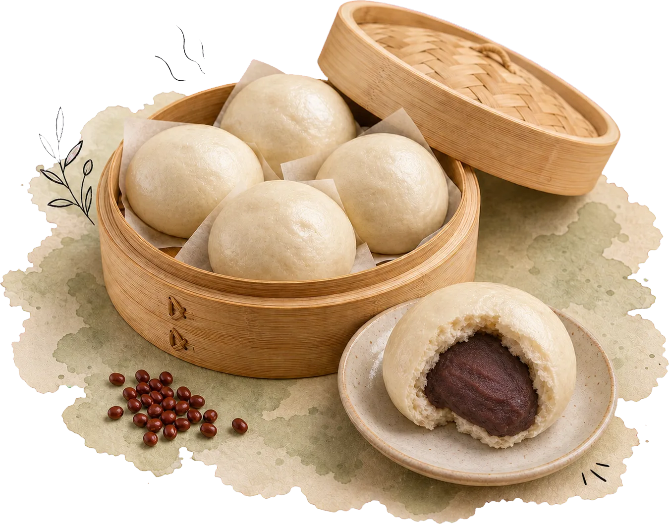 Weiche gedämpfte Buns im Bambuskorb und ein geöffneter Bun mit glatter Azukibohnenpaste auf einem kleinen Teller