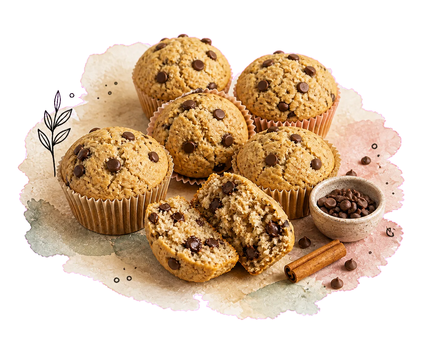 Mehrere goldbraune Chocolate-Chip-Hafermuffins mit sichtbaren Schokoladenstückchen, davon einer aufgebrochen