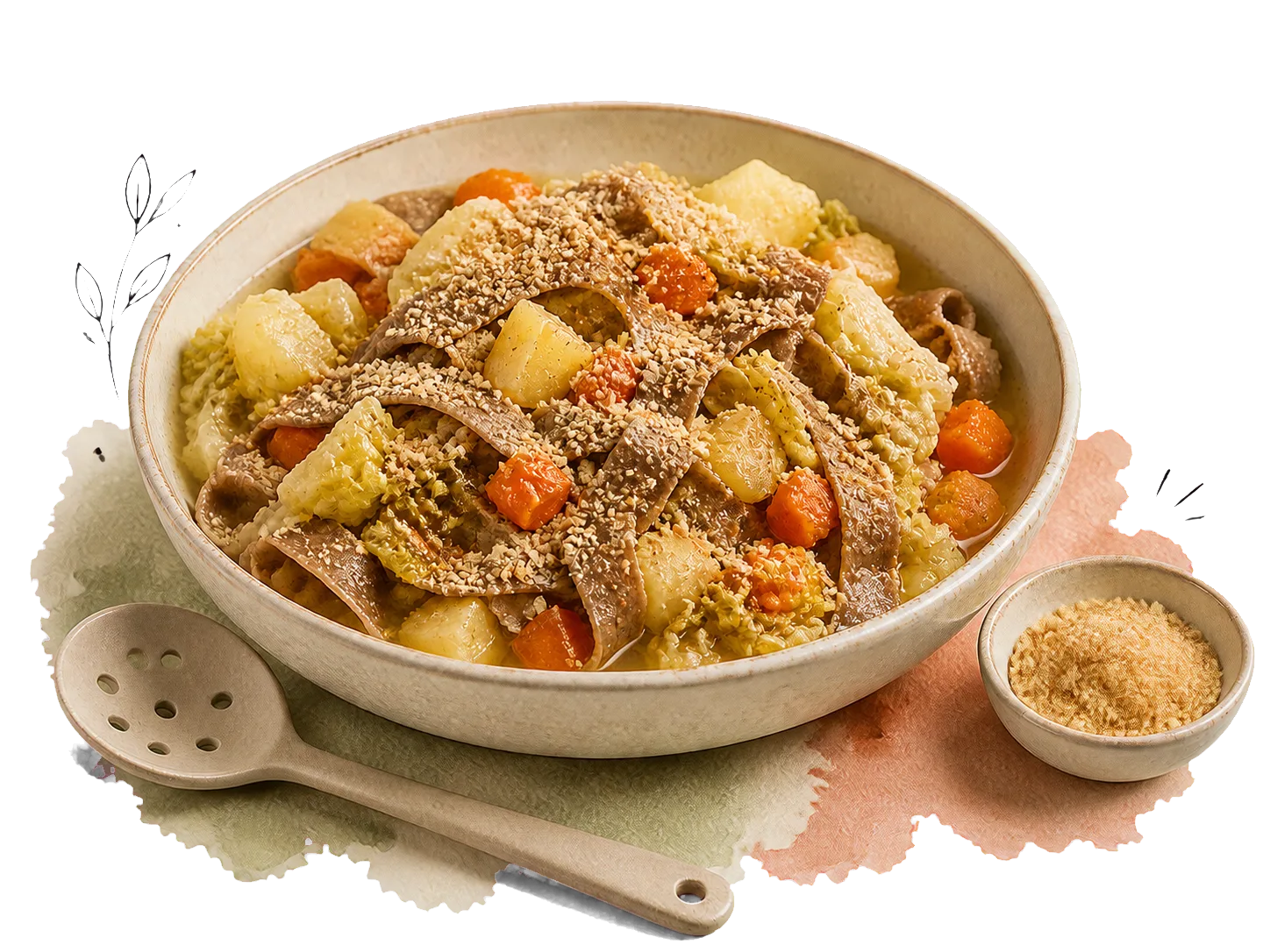 Rustikale Buchweizen-Pizzoccheri mit Kartoffeln, Möhren und Chinakohl in einer tiefen Keramikschüssel, geschichtet mit grobem Cashew-Parmesan