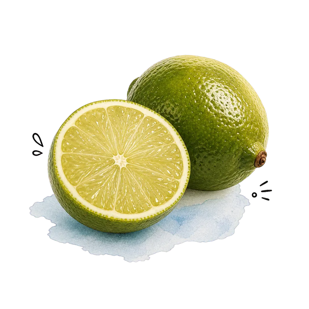 Eine ganze und eine halbierte saftige Limette auf einem kleinen blauen Aquarellfeld