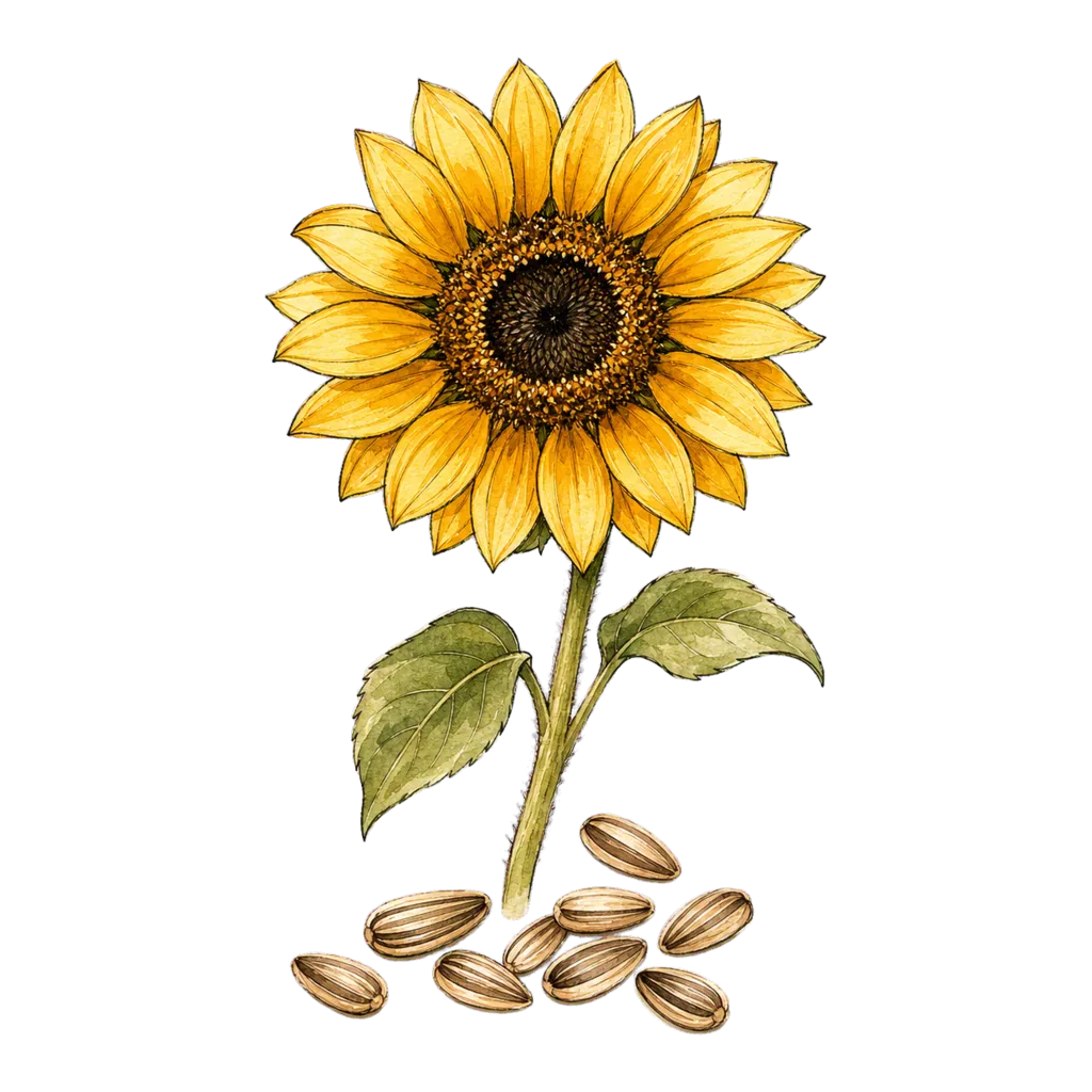 Schlanke illustrierte Sonnenblume mit losen Sonnenblumenkernen
