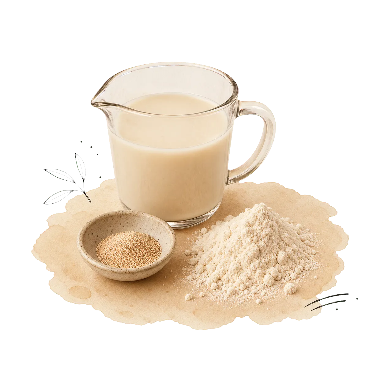 Hafermilch in einem Glaskrug neben Trockenhefe und Mehl