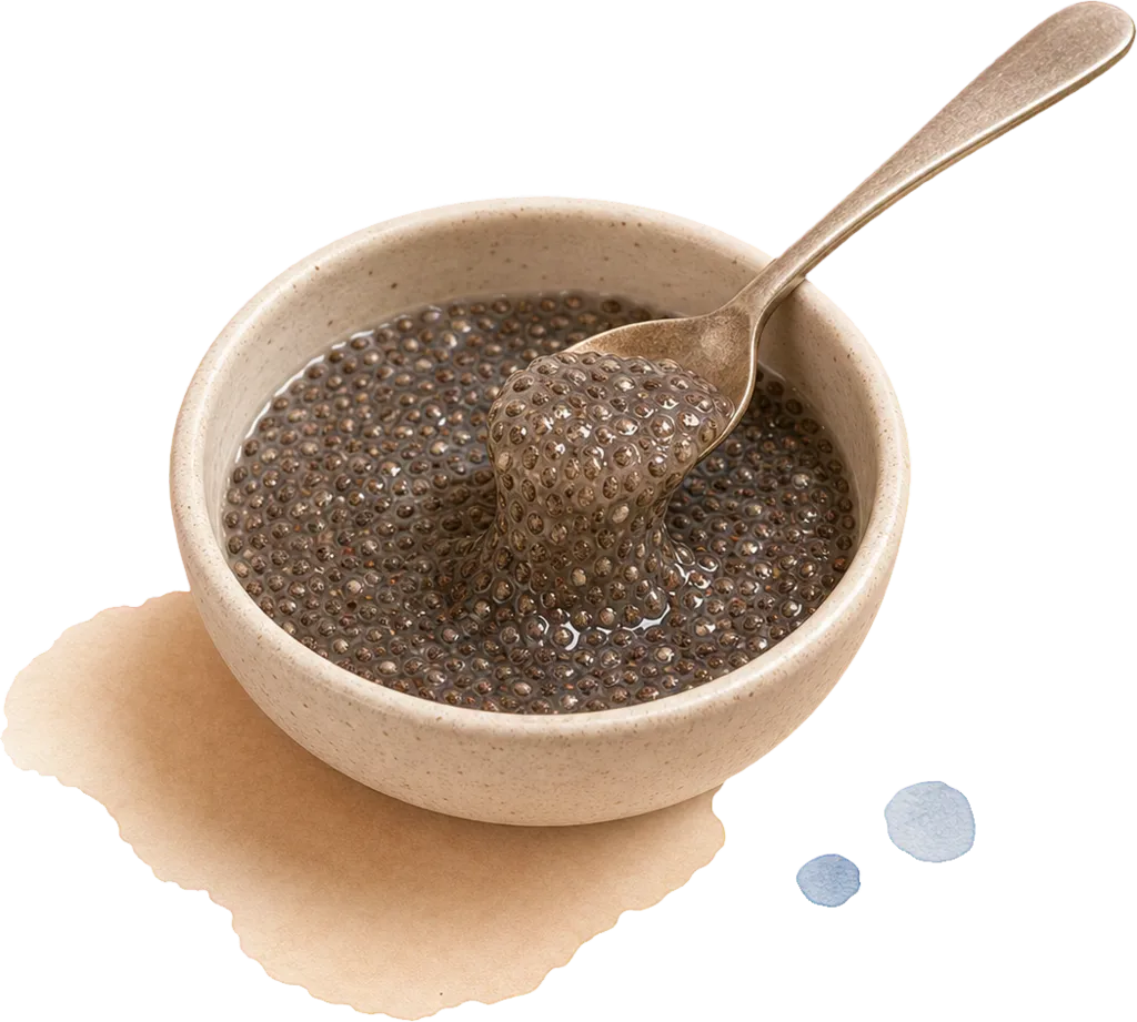 Eine kleine Keramikschüssel enthält eine leicht gelartige Mischung aus Chiasamen und Wasser; ein kleiner Löffel liegt darin