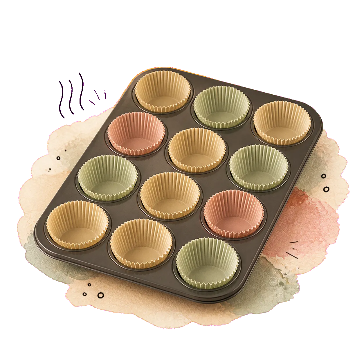 Zwölf leere Muffinförmchen in gedeckten Farben stehen in einem dunklen Muffinblech bereit