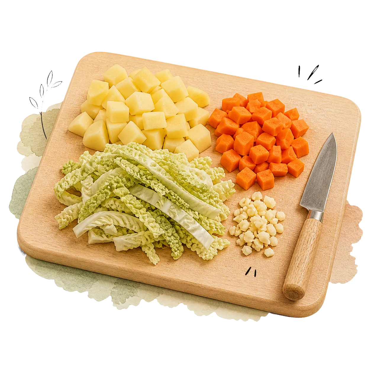 Klein geschnittene Kartoffeln und Möhren, breite Chinakohlstreifen und gehackter Knoblauch liegen getrennt auf einem Holzbrett