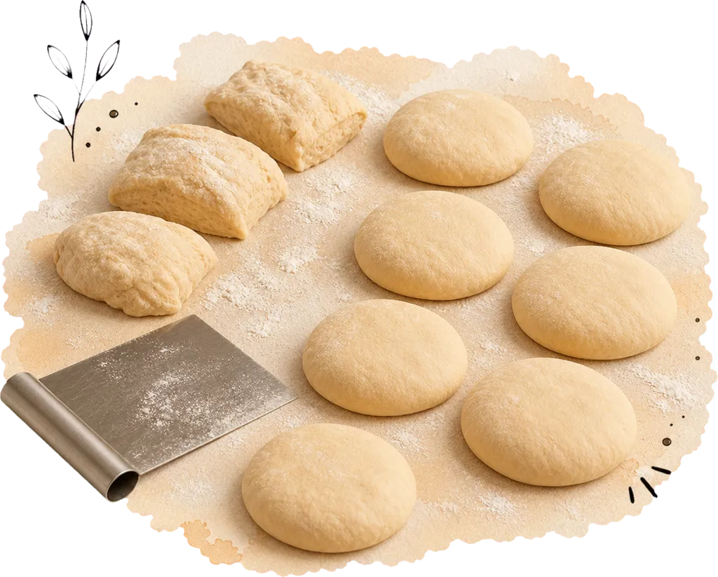 Weicher aufgegangener Hefeteig wird auf einer bemehlten Fläche in zehn Portionen geteilt; einige sind bereits rund und flach geformt