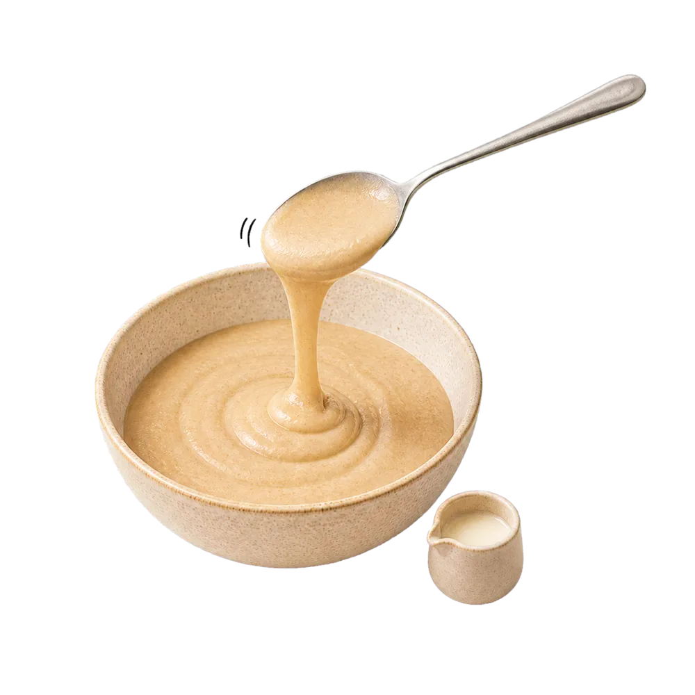 Dickflüssiger heller Kuchenteig fällt langsam von einem vollständig sichtbaren Löffel zurück in die Keramikschüssel; daneben steht etwas Pflanzenmilch