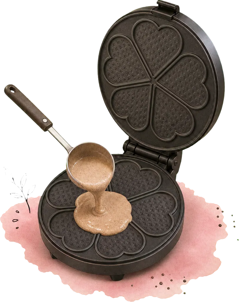 Eine kleine Kelle gibt Buchweizenteig mittig in ein geöffnetes rundes Waffeleisen mit fünf flachen Herzsegmenten