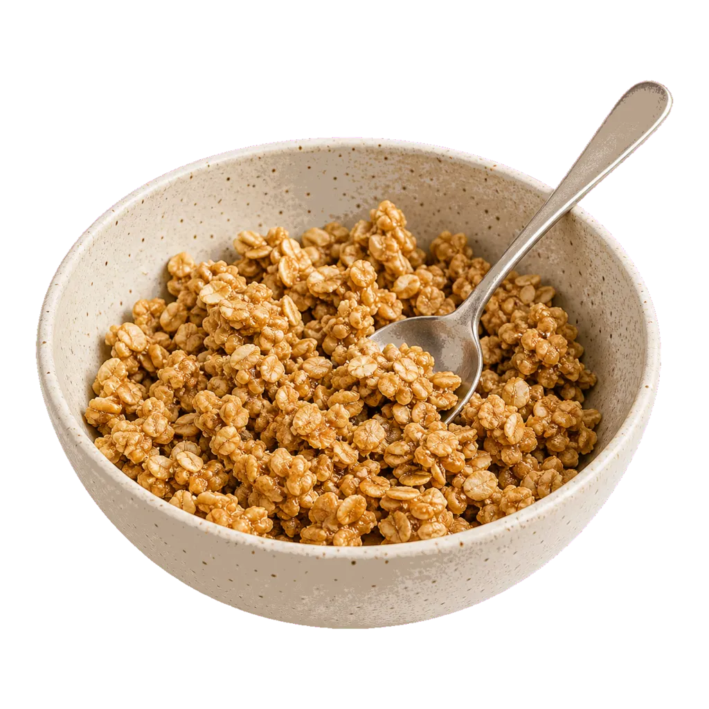Schale mit feuchter Hafer-Crunch-Mischung und einem Löffel