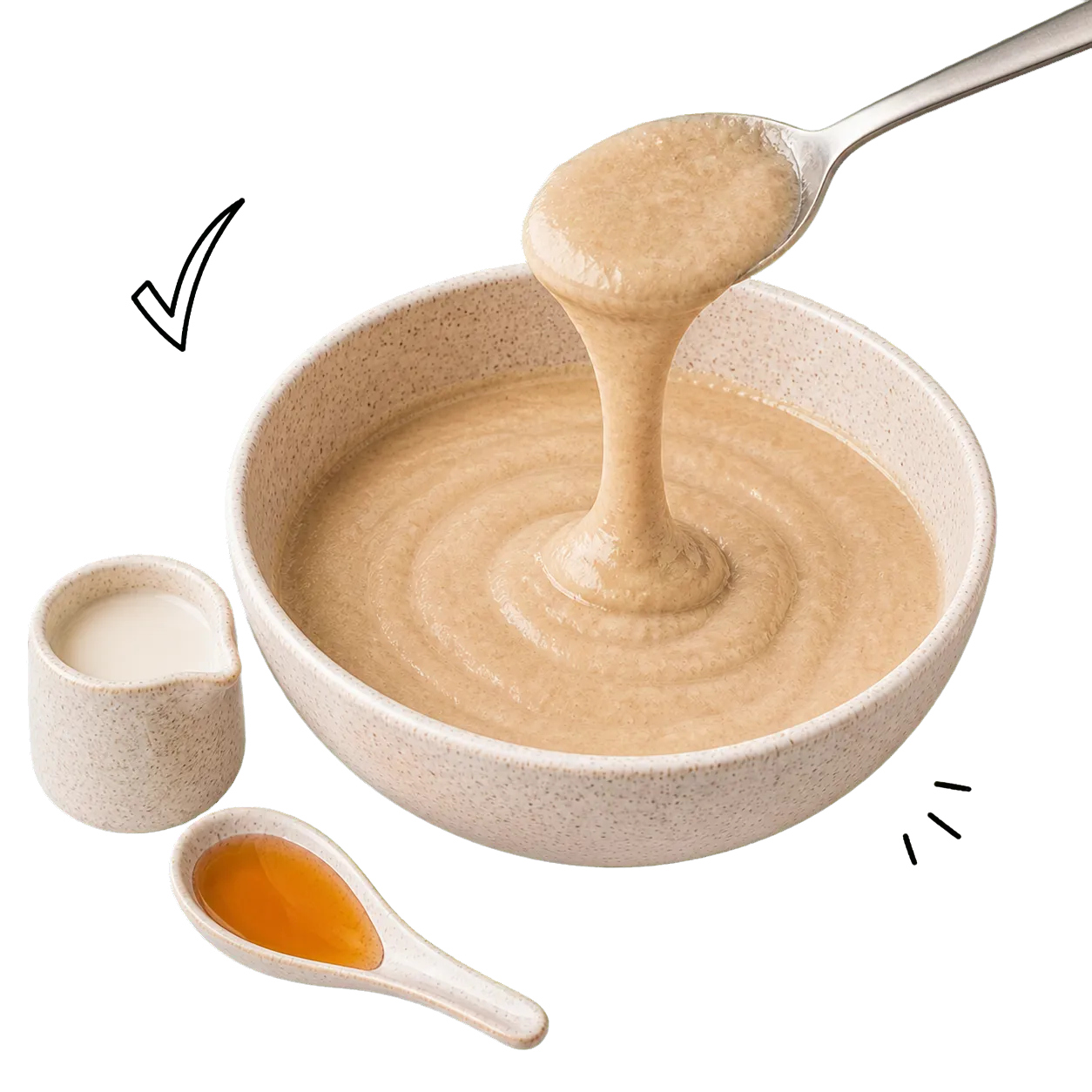 Ein Löffel hebt den dickflüssigen hellen Brownieteig aus der Schüssel; daneben stehen etwas Sojamilch und Agavendicksaft zum Anpassen