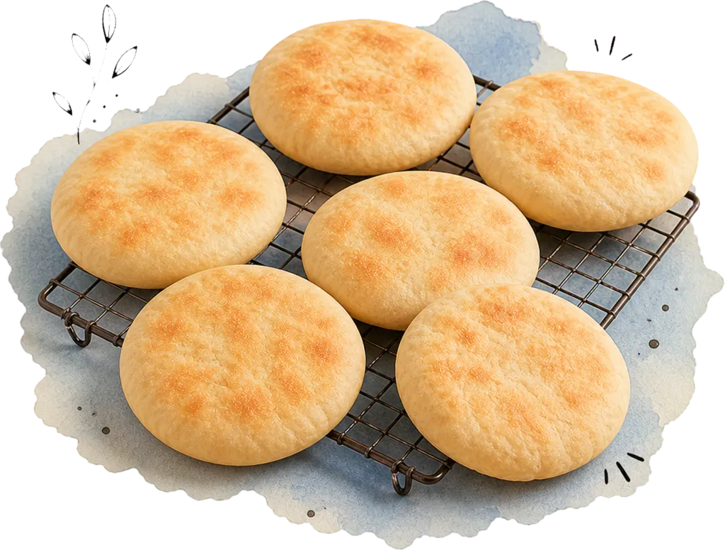 Mehrere flache leicht unregelmäßige Fladenbrötchen kühlen mit sanft goldbrauner Oberfläche auf einem Kuchengitter ab