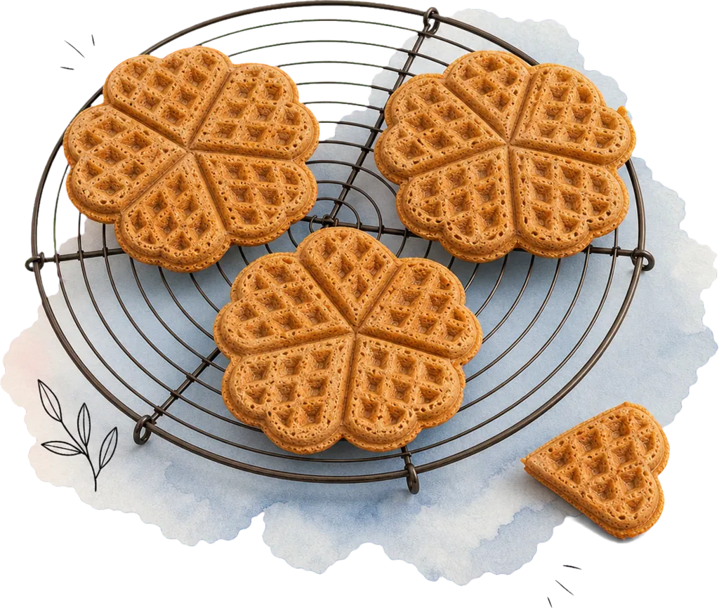 Mehrere dünne gold- bis graubraune Herzwaffeln aus fünf Segmenten kühlen einzeln auf einem Kuchengitter ab