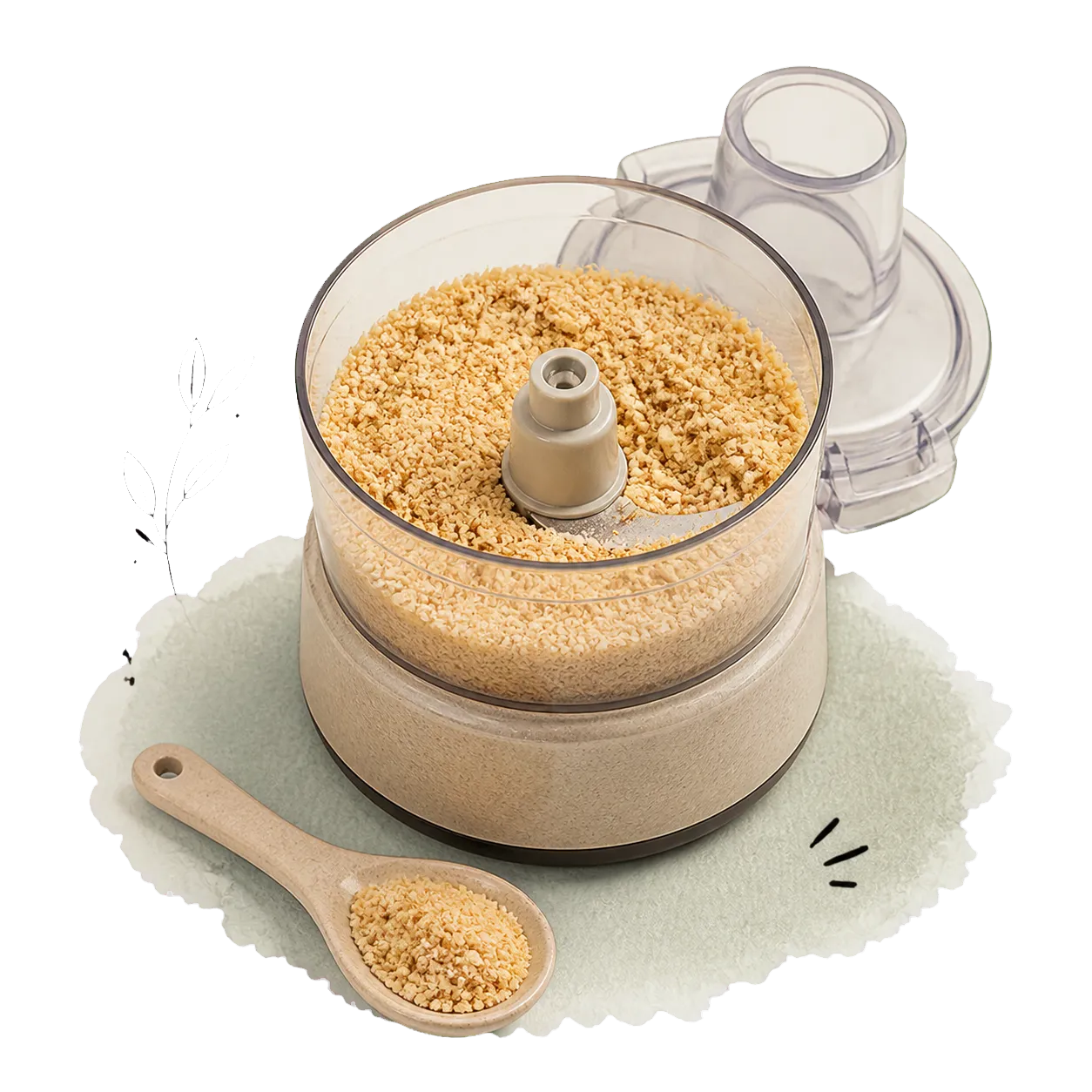 Grober goldbeiger Cashew-Parmesan liegt locker im geöffneten Zerkleinerer und auf einem kleinen Holzlöffel
