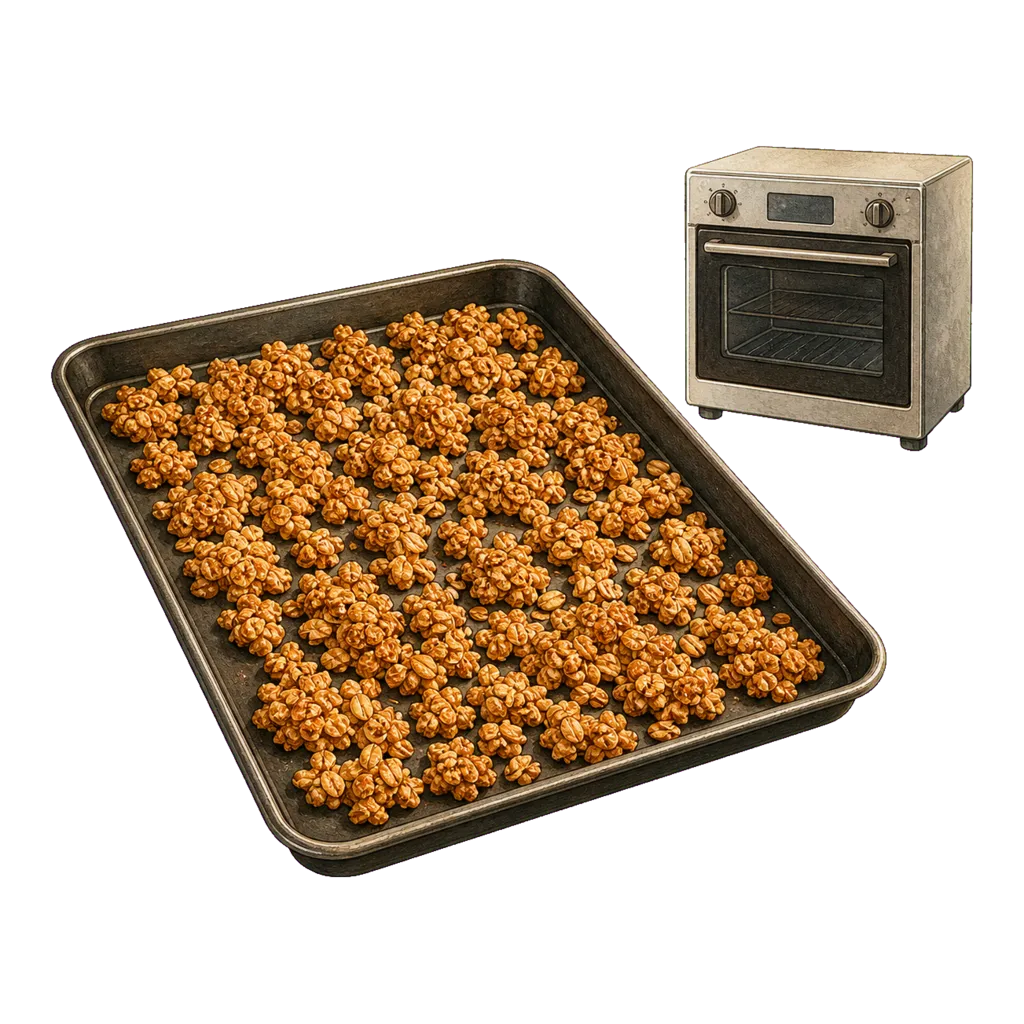 Goldbrauner Hafer-Crunch auf einem dunklen Backblech neben einem kleinen Ofen