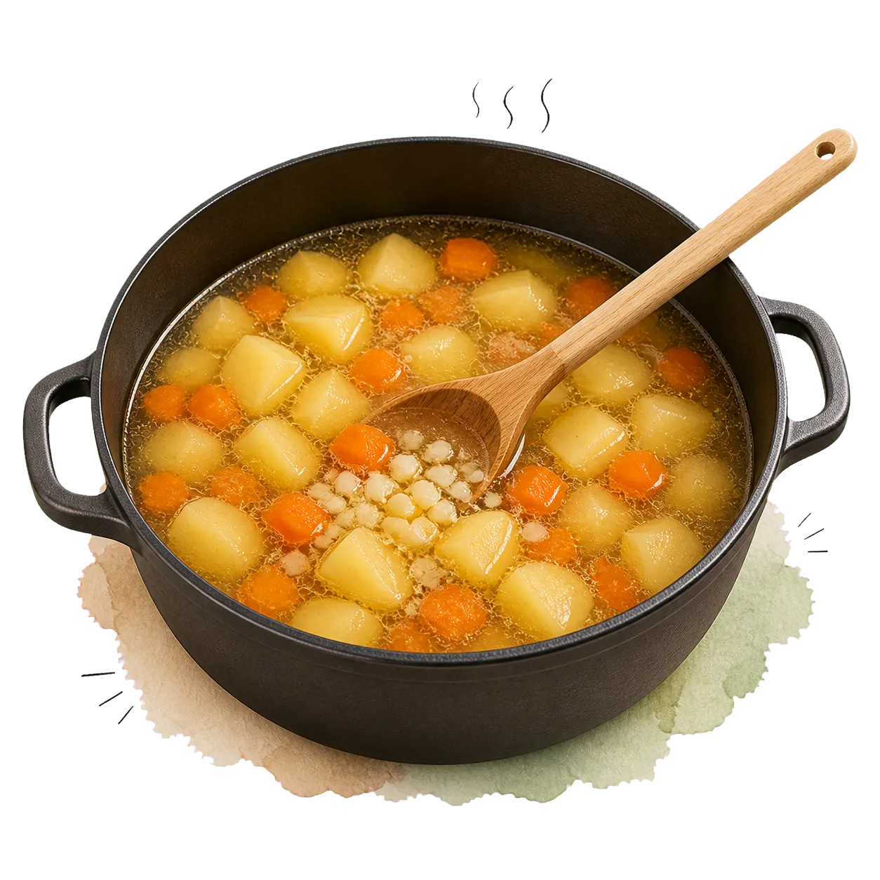 Kartoffel- und Möhrenstücke kochen mit gehacktem Knoblauch in goldener Gemüsebrühe