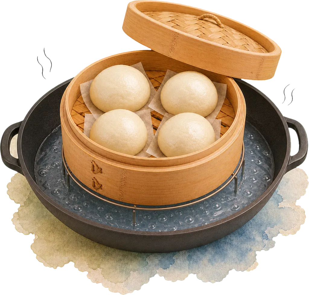 Vier weiche Buns auf Backpapierquadraten dämpfen in einem Bambuskorb über einem breiten dunklen Wok