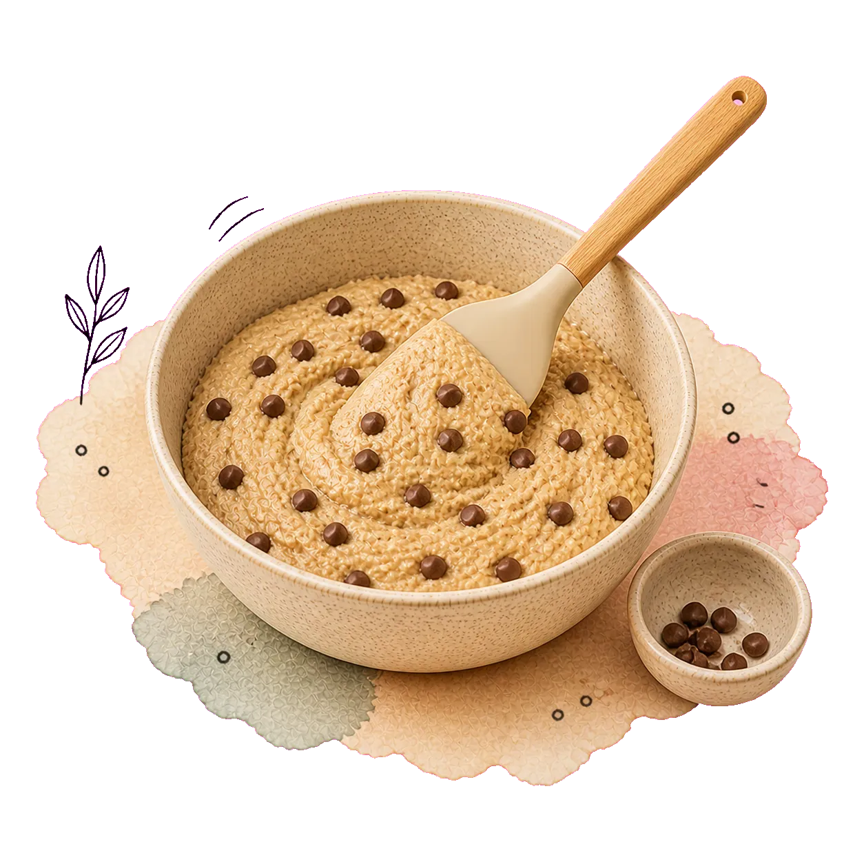 Dunkle Chocolate Chips werden mit einem Teigschaber unter den hellen Muffinteig gehoben