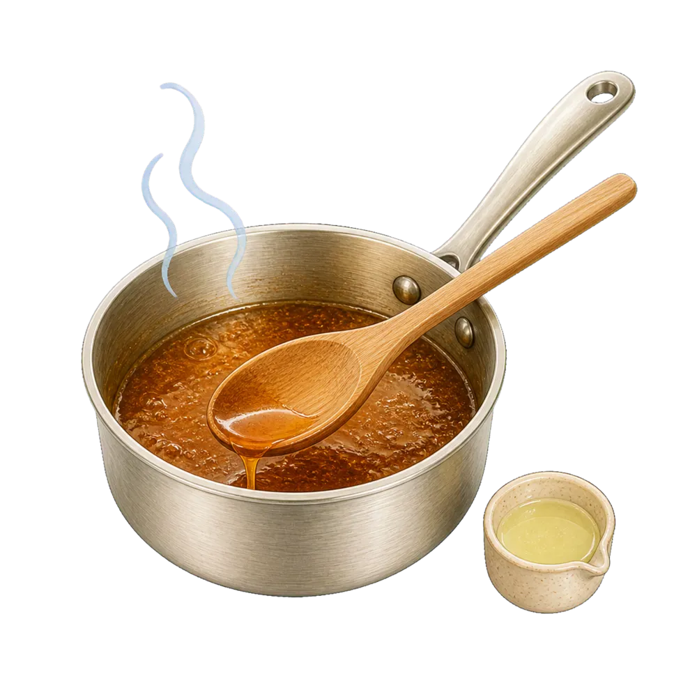 Das warme bernsteinfarbene Brown-Sugar-Lime-Topping köchelt in einem kleinen Topf neben einem Gefäß mit etwas Limettensaft