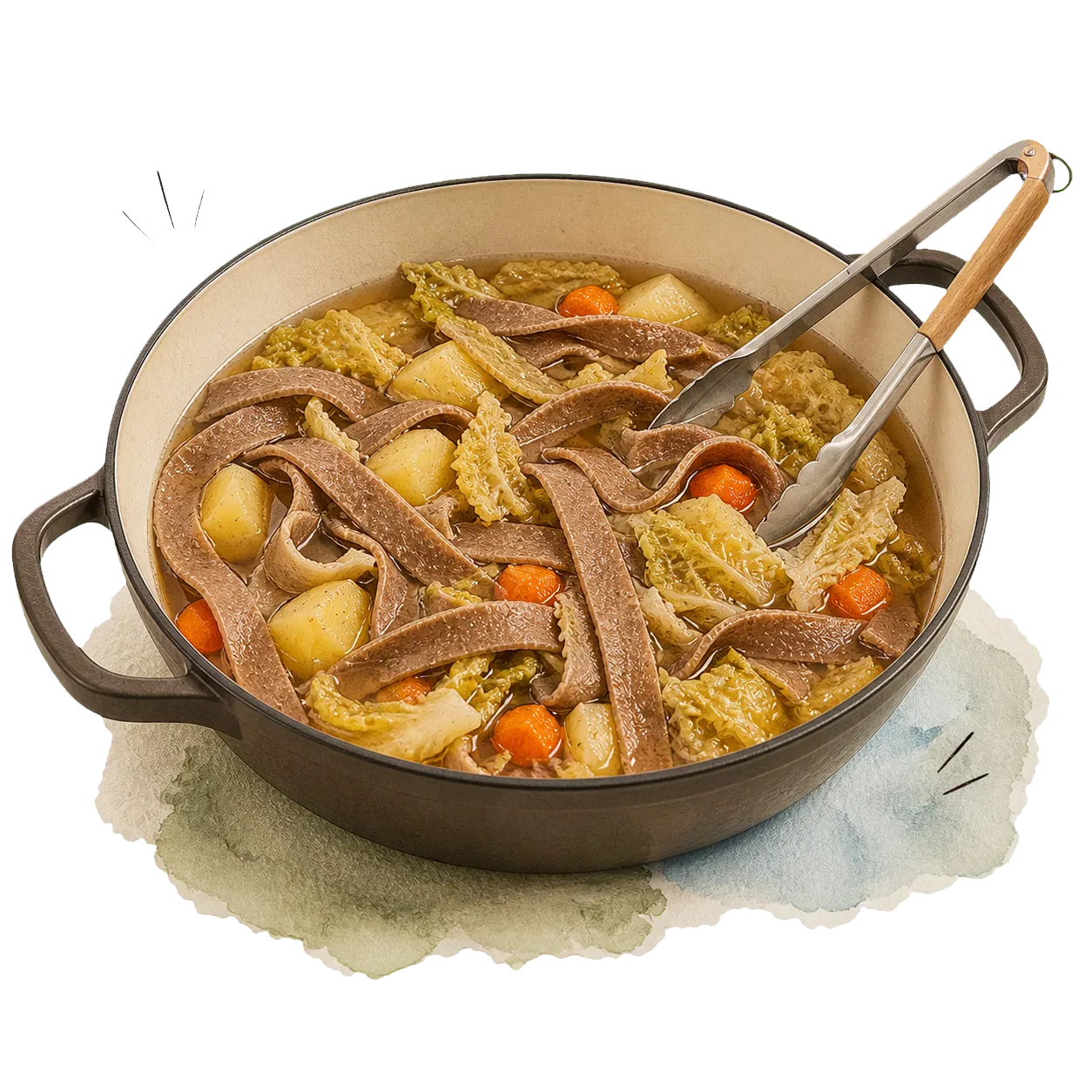 Breite dunkle Buchweizen-Pizzoccheri und Chinakohl garen mit Kartoffeln und Möhren in einem Topf Gemüsebrühe