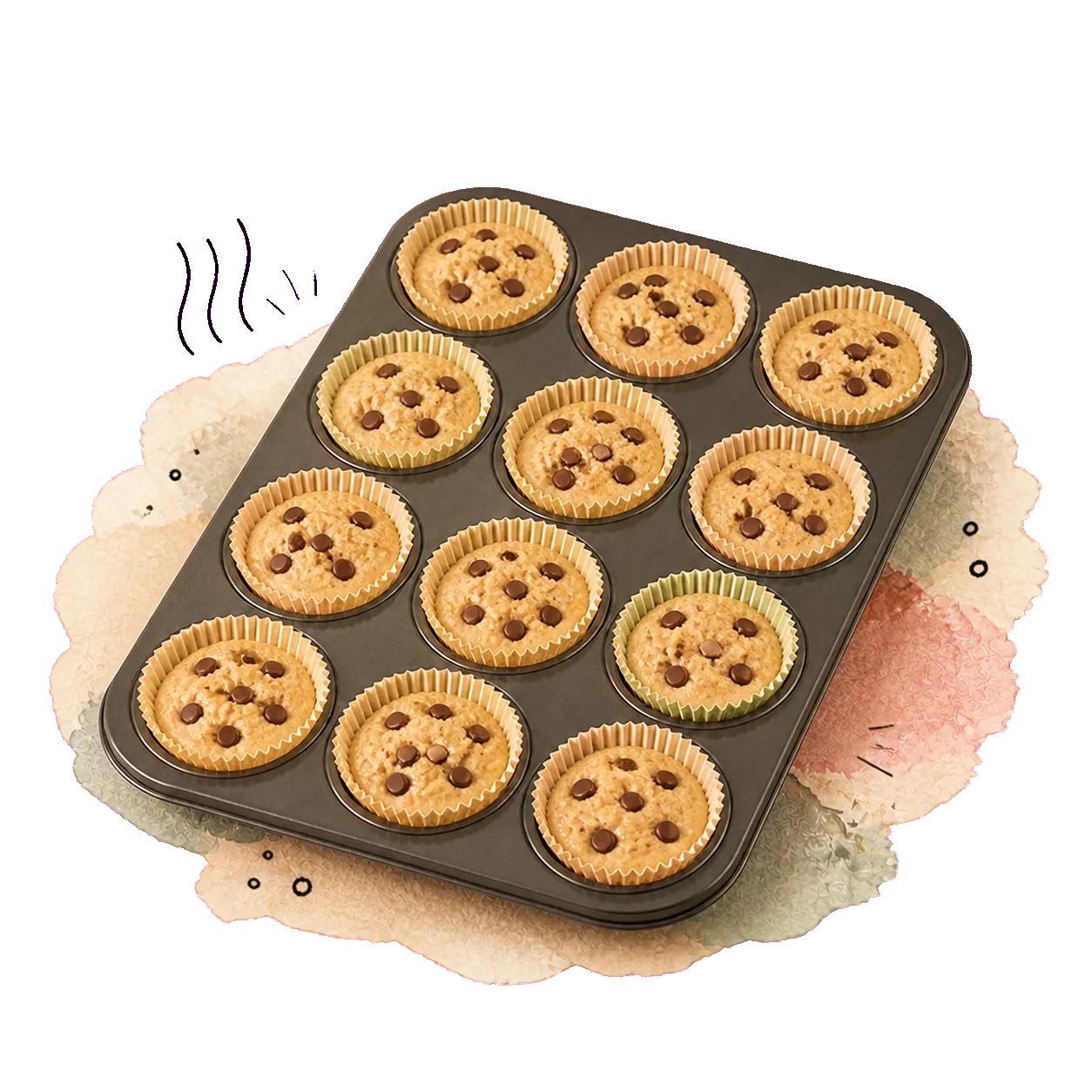Zwölf Muffinförmchen sind gleichmäßig mit ungebackenem Teig gefüllt und mit Chocolate Chips bestreut