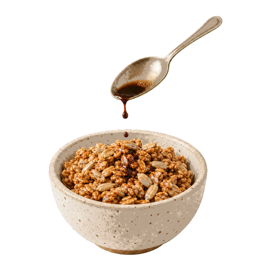 Espresso tropft von einem Löffel auf Hafer-Crunch in einer Schale