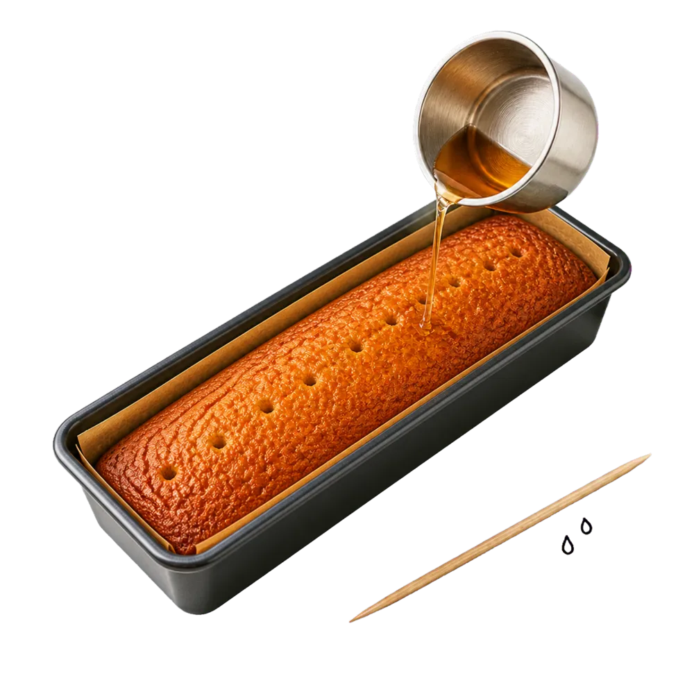 Dünnes bernsteinfarbenes Topping wird aus einem kleinen Topf über den eingestochenen warmen Kuchen in der Kastenform gegossen