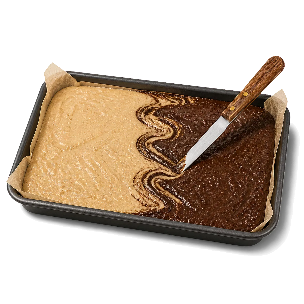 Heller und dunkler Brownieteig liegen nebeneinander in einer rechteckigen Form und werden am Übergang mit einem Messer locker marmoriert
