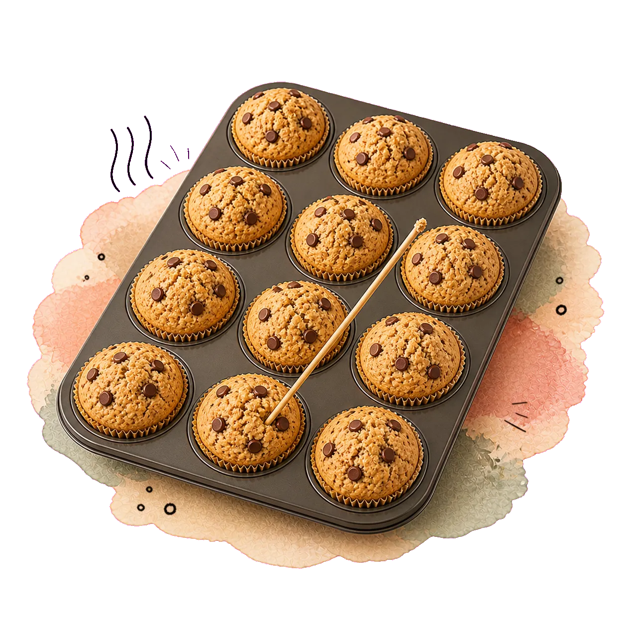 Zwölf goldbraune Muffins im Blech werden an einem vorderen Muffin mit einem Holzstäbchen geprüft