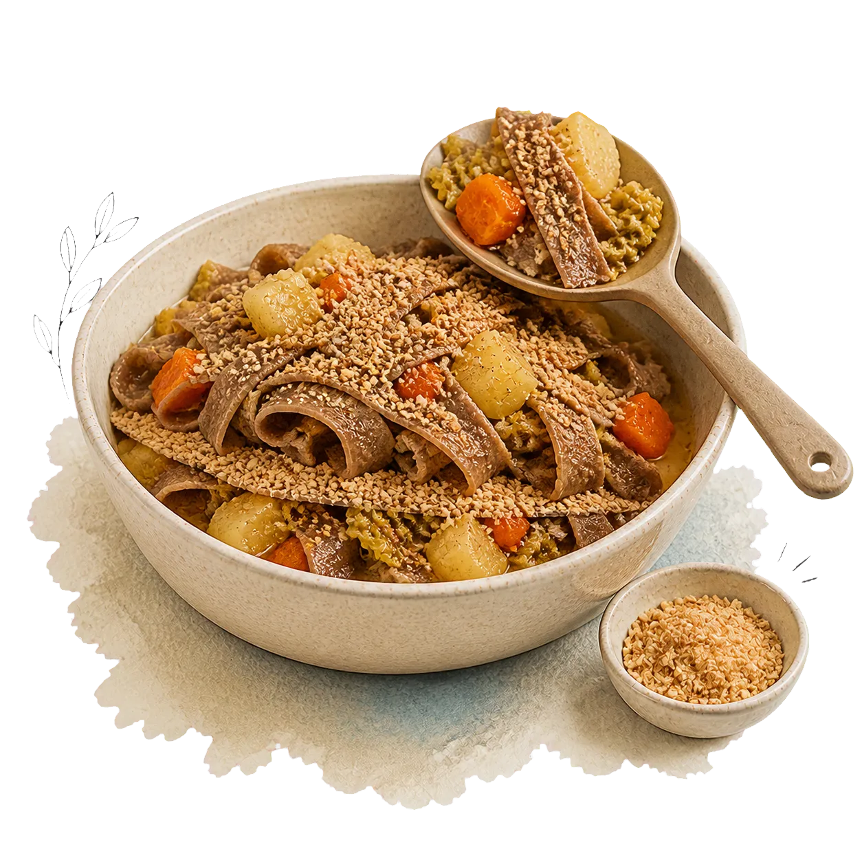 Buchweizen-Pizzoccheri und Gemüse werden mit einer Schaumkelle und grobem Cashew-Parmesan in einer Keramikschüssel geschichtet