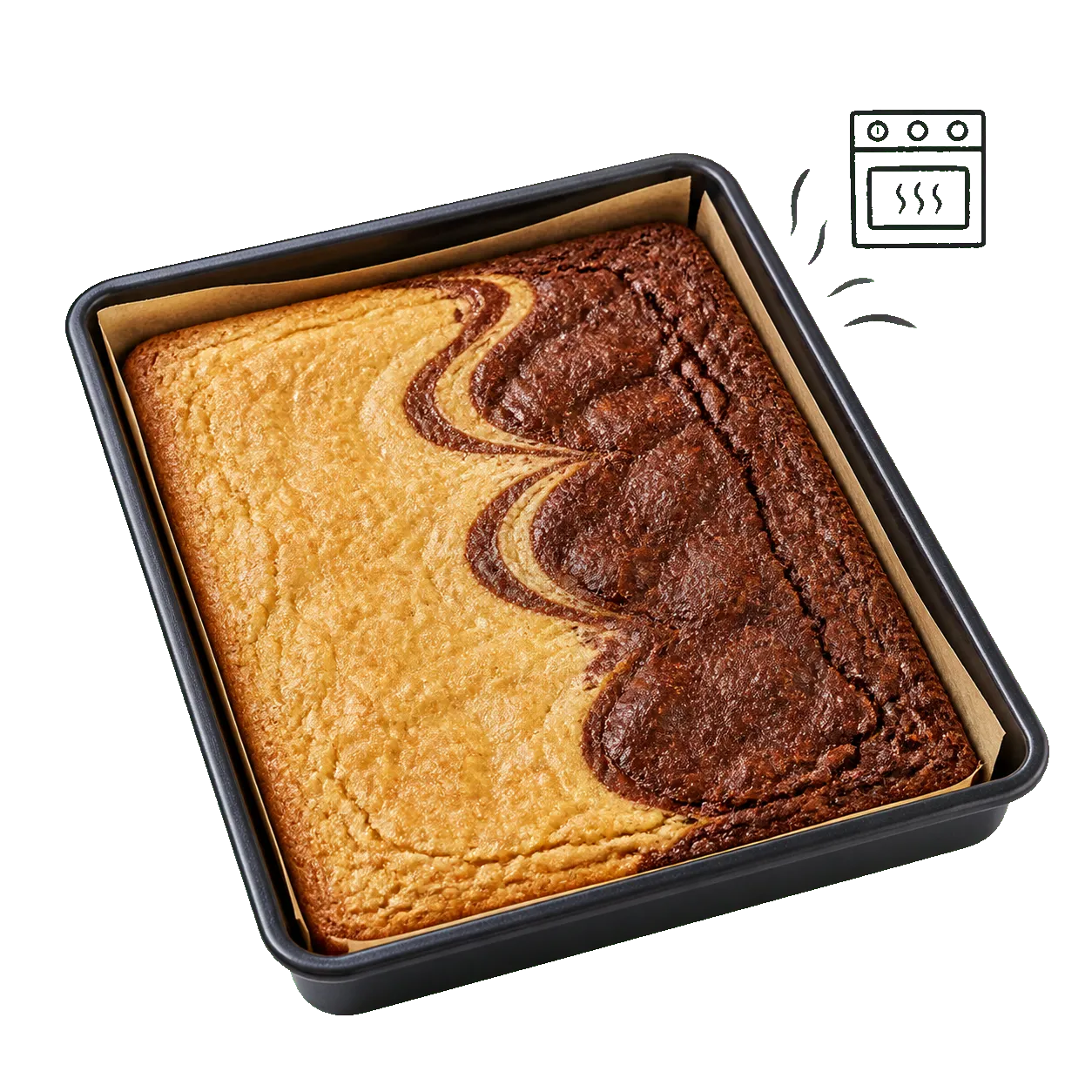 Vollständig gebackener unangeschnittener Schwarz-Weiß-Brownie in einer rechteckigen Form mit heller und dunkler Hälfte