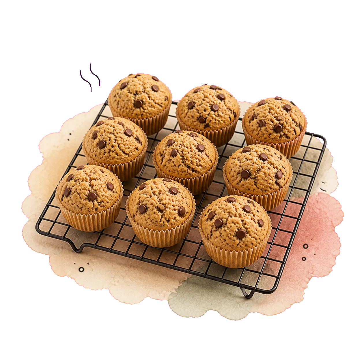 Neun goldbraune Chocolate-Chip-Muffins kühlen vollständig auf einem schwarzen Kuchengitter aus