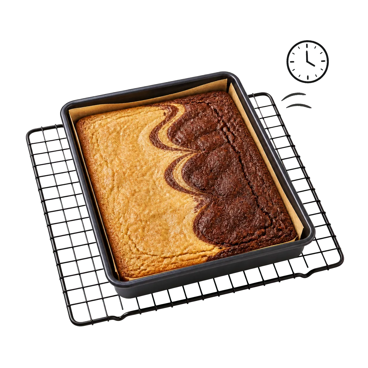 Der unangeschnittene Schwarz-Weiß-Brownie kühlt vollständig in seiner Form auf einem schwarzen Kuchengitter aus
